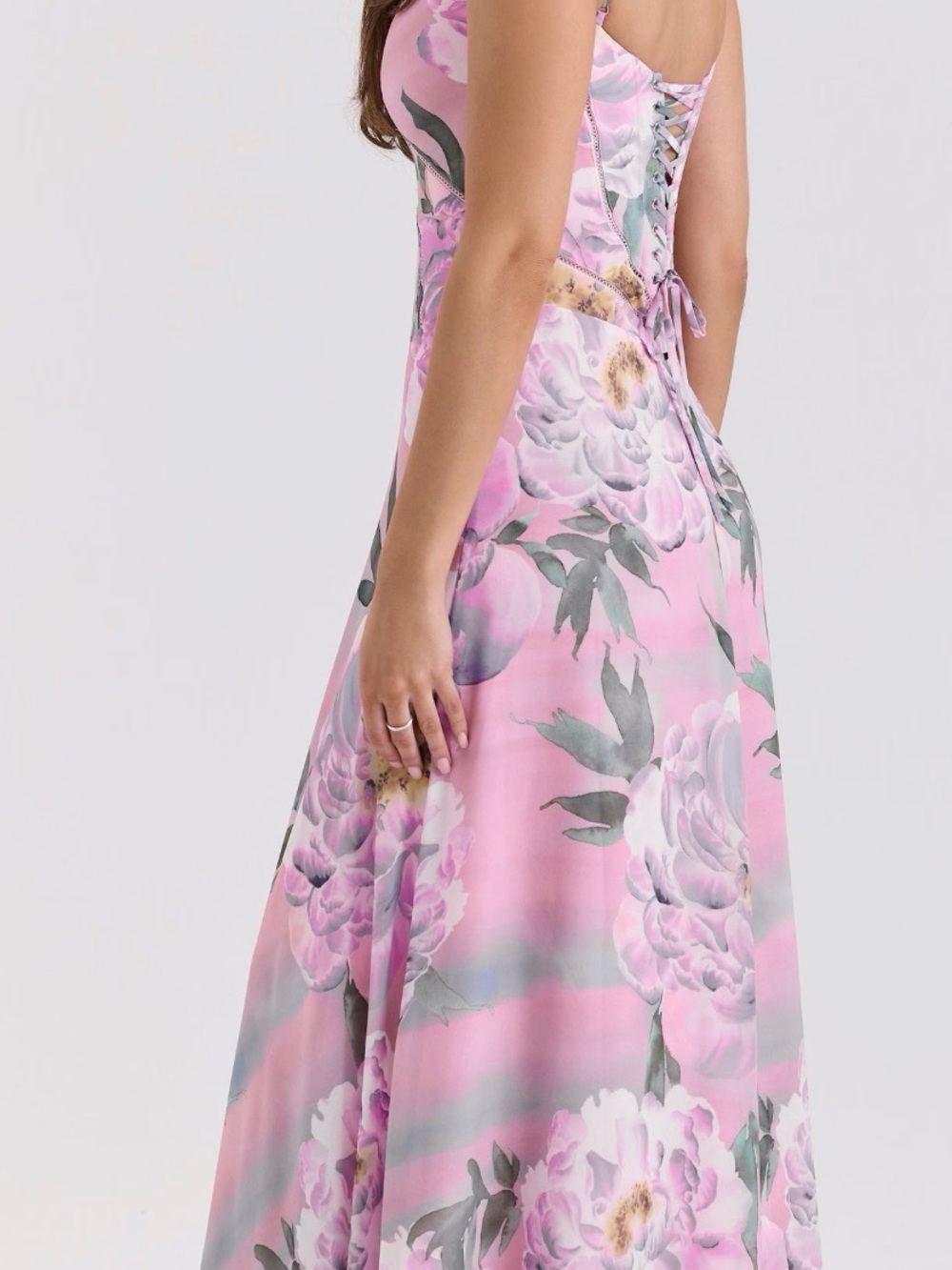 House of CB Pink Floral Backless Lace-Up Maxi Dress